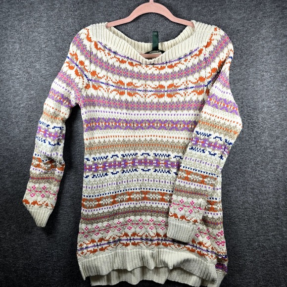 Lauren Ralph Lauren Women M Fair Isle Wool Pullover Sweater Bright Orange Purple - Picture 1 of 8